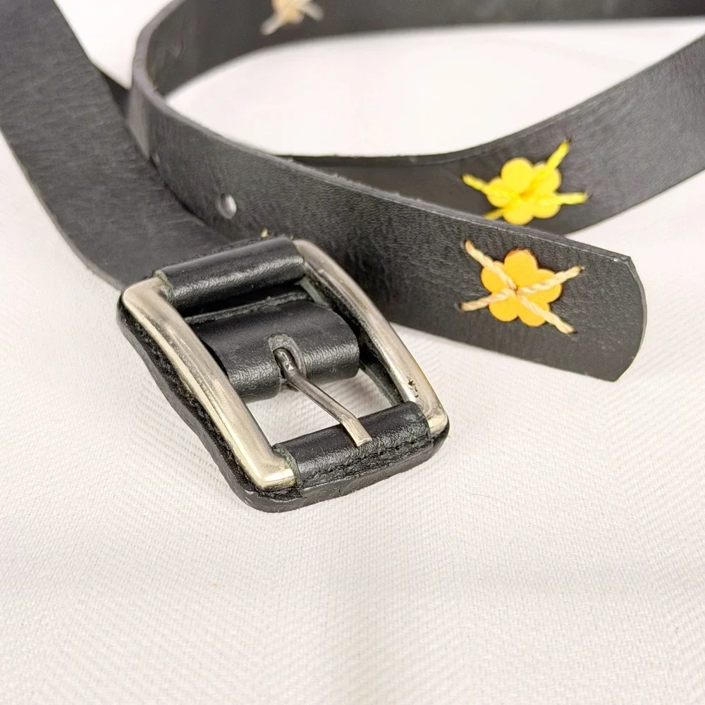 Boho Vintage Black Leather Flower Applique Belt Silver Roller Buckle Multi Color